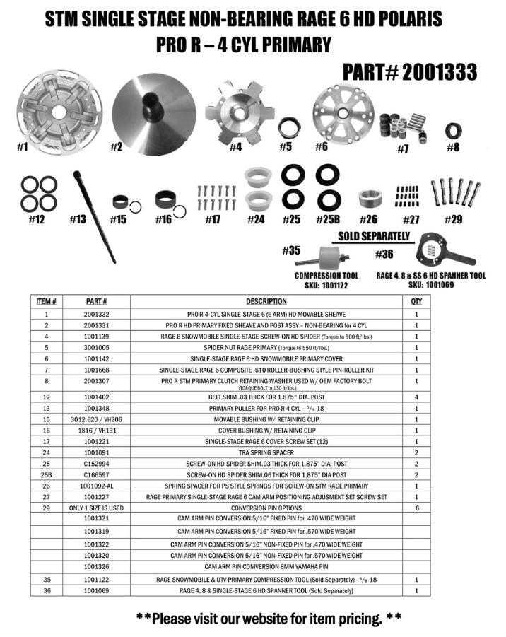RZR PRO R Billet Primary Clutch STM Single-Stage Non-Bearing Rage 6 HD Primary for 4 Cylinder